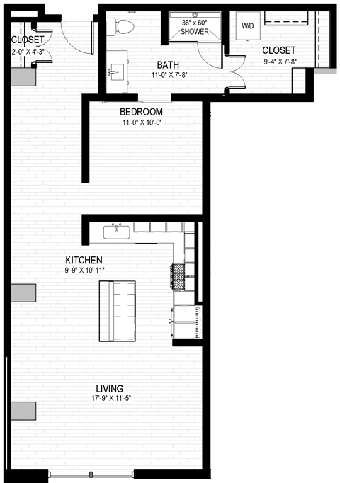 Floor plan for studio, 1 bath, 803 sqft